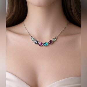 Nine West Statement Necklace | Multicolor Crystal | Silver Tone Y2K